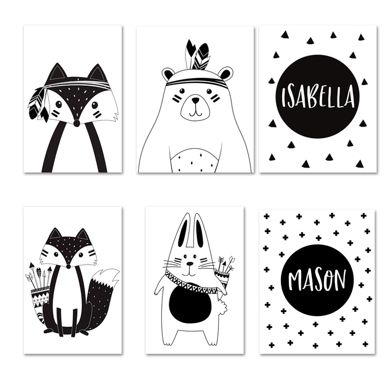 Baby Nursery Name Wall Art - أسود أبيض الكرتون الدب الأرنب الطفل