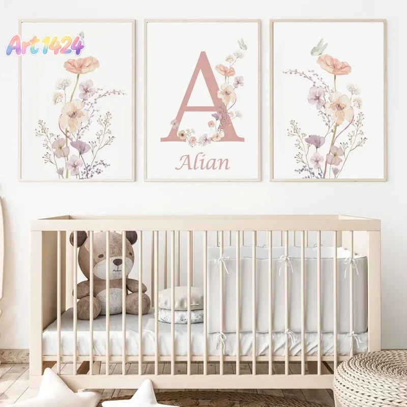 Baby Nursery Name Wall Art - لوحة فنية مخصصة بالاسم مع زهور