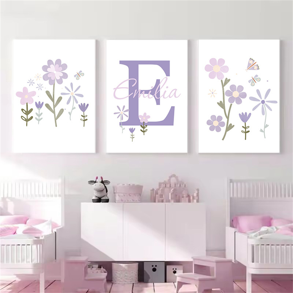 Baby Nursery Name Wall Art - طفلة اسم مخصص المشارك الأرجواني زهرة