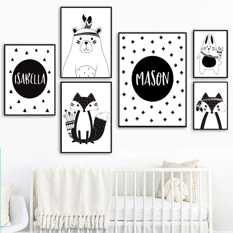 أسود أبيض الكرتون الدب الأرنب  - مراجعة Baby Nursery Name Wall Art وسعره