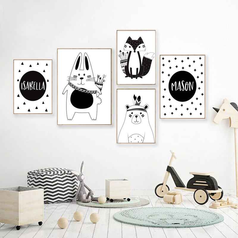 أسود أبيض الكرتون الدب الأرنب  - مراجعة Baby Nursery Name Wall Art وسعره