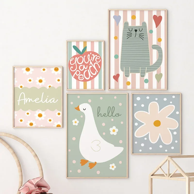 الكرتون القط بطة الطيور التفاح - مراجعة Baby Nursery Name Wall Art وسعره