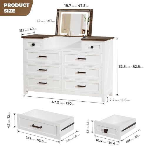 خزانة أدراج مع مرآة LED، 8 أدر - مراجعة Drawer Dresser White وسعره