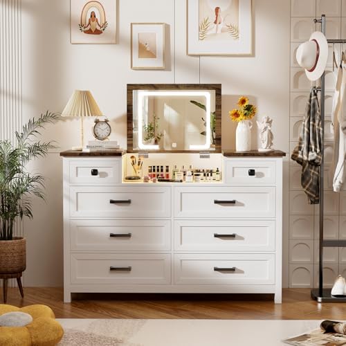 خزانة أدراج مع مرآة LED، 8 أدر - مراجعة Drawer Dresser White وسعره